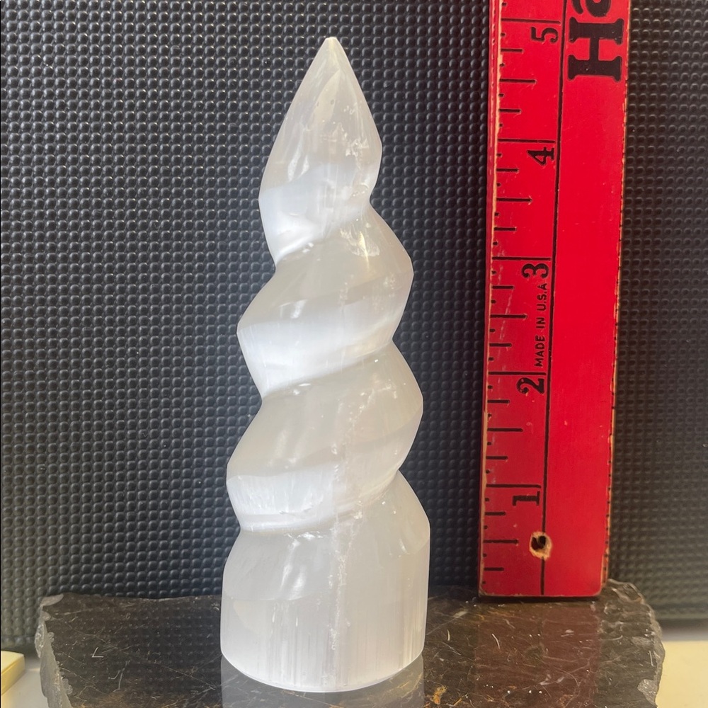 Selenite Spiral Unicorn Horn Tower Natural White Gemstone Crystal-4.75” x 1-5/8s